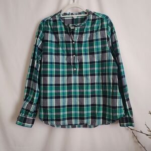 J Crew Green and Blue Plaid Ruffle Neck Popover Top